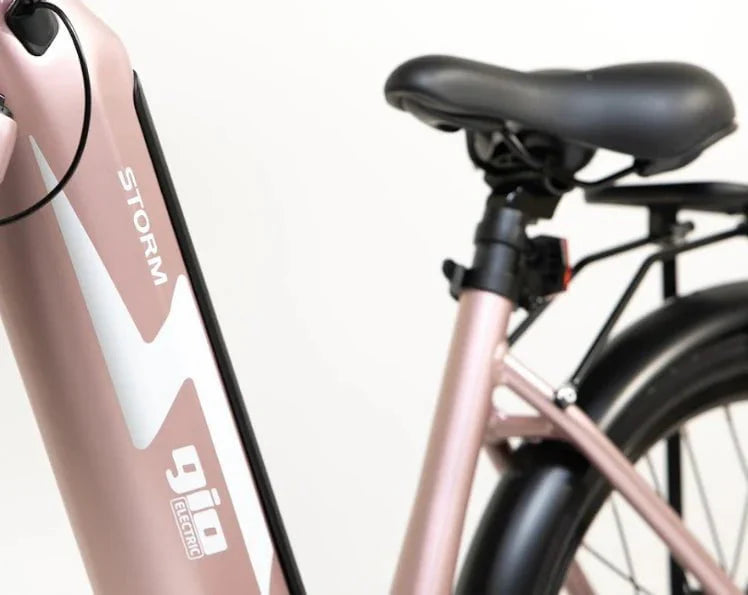 GIO STORM STEP-THRU ELECTRIC BIKE ROSE GOLD WITH INTEGRATED SAMSUNG BATTERY - 48V 13Ah 500W, top speed 20 mph, range 46 miles - 100% FINANCING AVAILABLE!