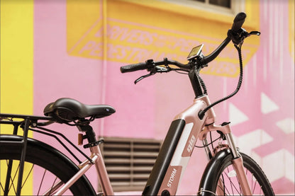 GIO STORM STEP-THRU ELECTRIC BIKE ROSE GOLD WITH INTEGRATED SAMSUNG BATTERY - 48V 13Ah 500W, top speed 20 mph, range 46 miles - 100% FINANCING AVAILABLE!
