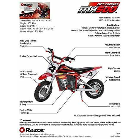 Razor MX500 Dirt Rocket Electric Dirt Bike - 36V 500W variable speed